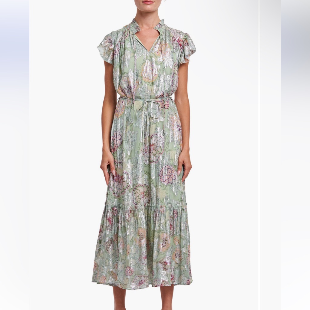 Ciebon Hilma Metallic Floral Green Midi Dress